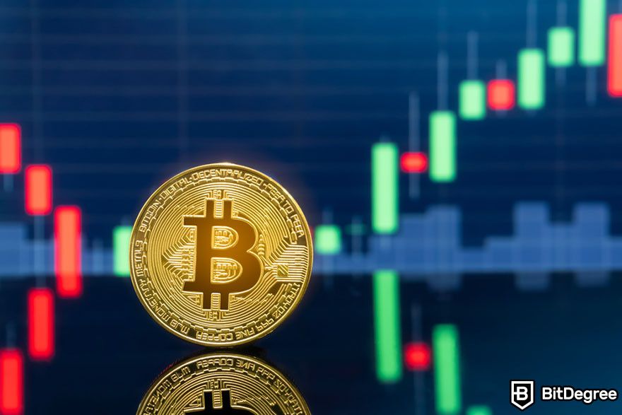 Crypto chart patterns: Bitcoin token in front of a blurred candlestick chart.