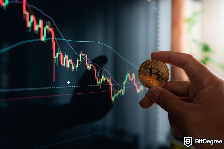 Crypto chart patterns: Hand holding a Bitcoin with a price chart in the background.