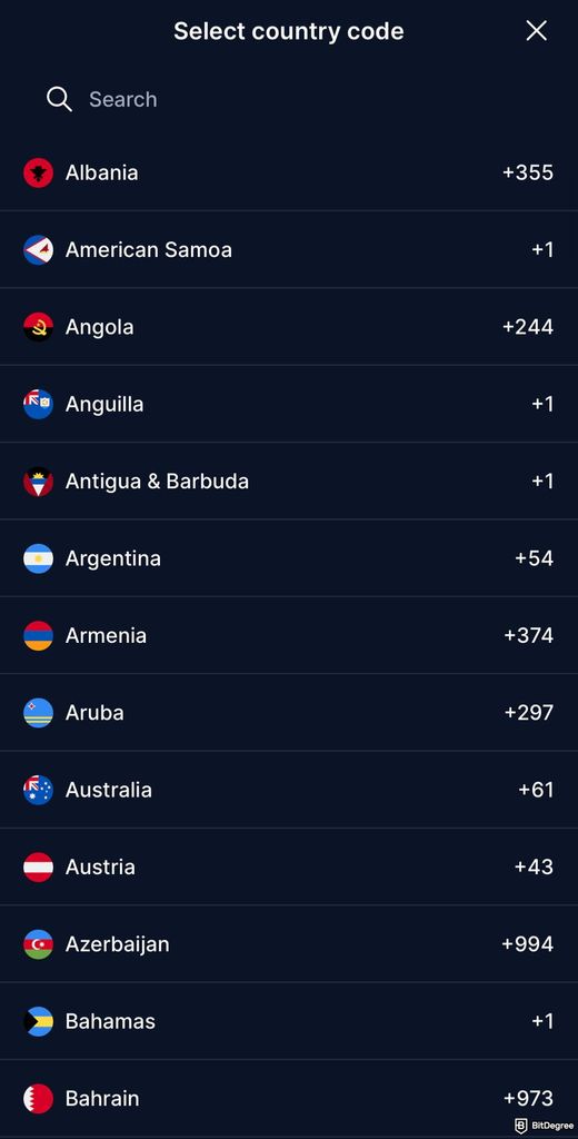 Crypto.com card review: a list of country codes for the phone number selection on the Crypto.com app.