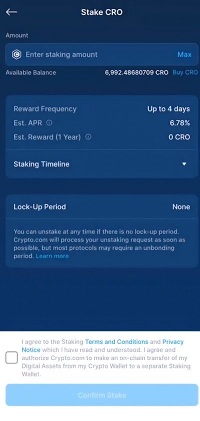 Crypto.com fees: entering the amount of crypto to stake.