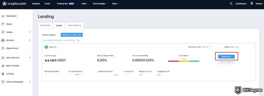 Crypto.com lending: the Repay Now button.