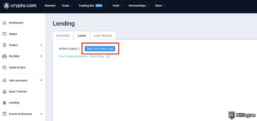 Crypto.com lending: take out a new loan.