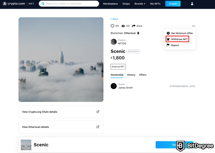 Crypto.com NFT review: the Withdraw NFT option.