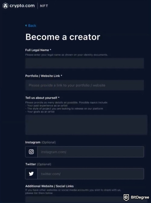 Crypto.com NFT review: become a creator form on Crypto.com.