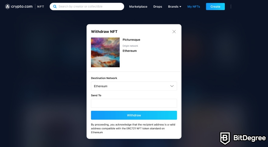 Crypto.com NFT review: choosing the network destination for the NFT withdrawal.