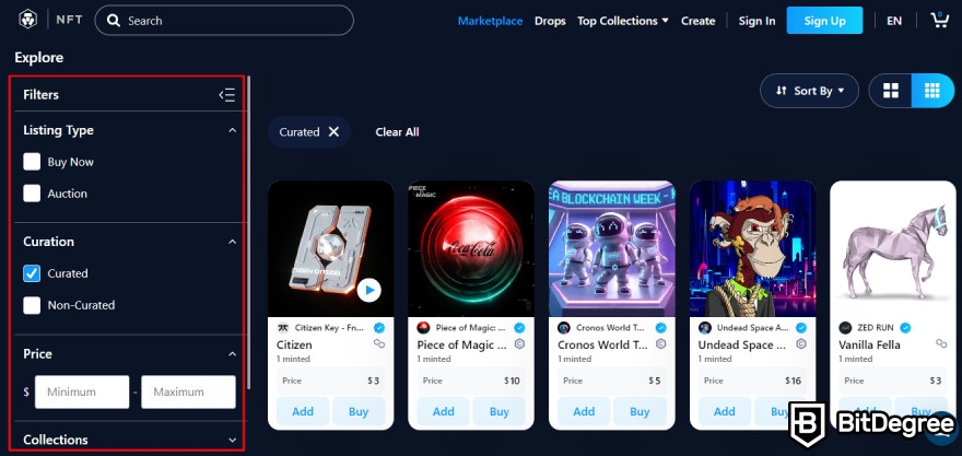 Crypto.com NFT review: filtering feature.
