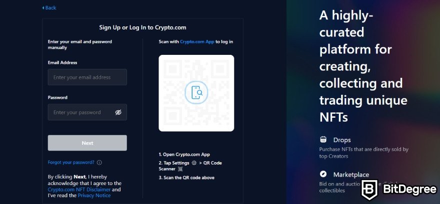 Crypto.com NFT review: sign up and login page.