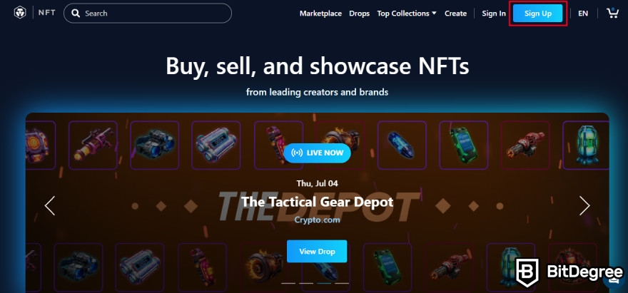 Crypto.com NFT review: sign up button on the main page.