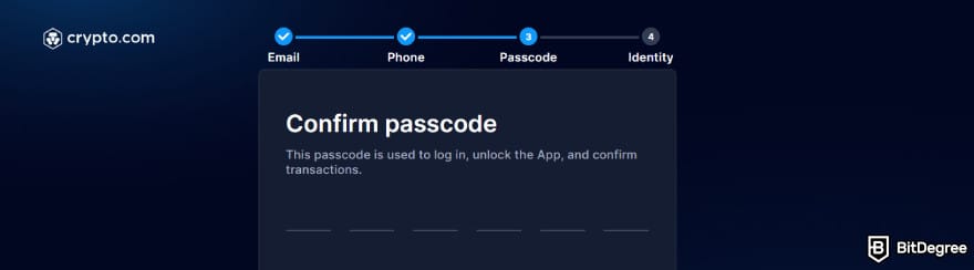 Crypto.com referral code: creating and confirming a passcode to log into and unlock the Crypto.com app. Crypto.com referral code: creating and confirming a passcode to log into and unlock the Crypto.com app.