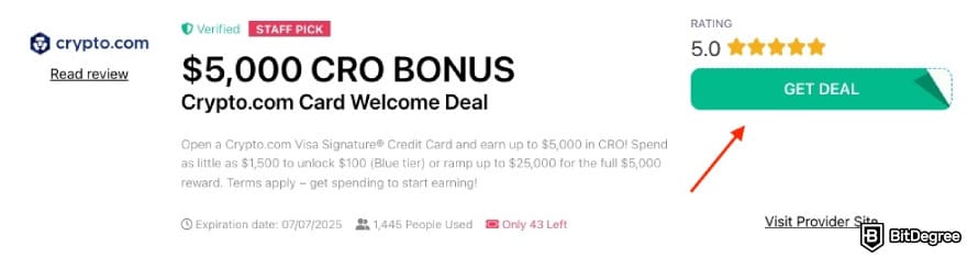 Crypto.com referral code: a red arrow pointing to the [GET DEAL] button on BitDegree's page.