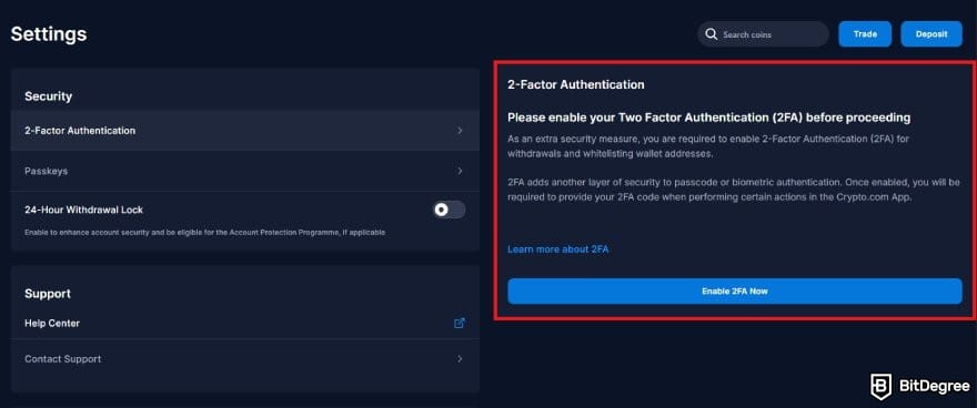 Crypto.com review: the security settings on Crypto.com highlighting the 2FA feature.