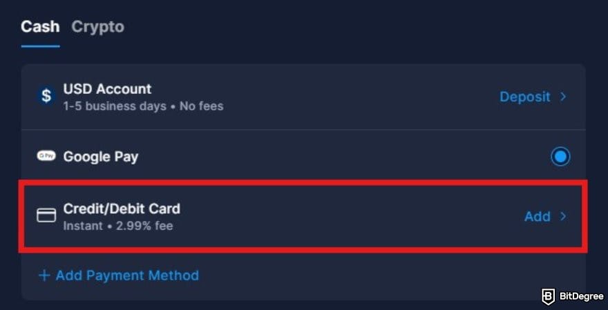 Crypto.com review: the available payment methods on Crypto.com.
