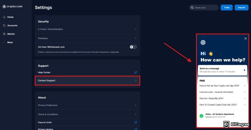 Crypto.com review: the Settings page on Crypto.com user hub highlighting the support live chat feature.