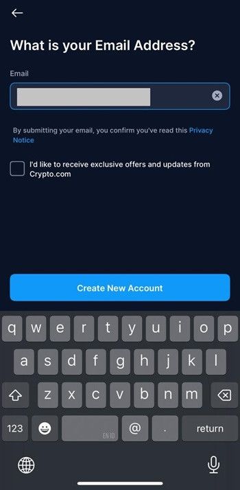 Crypto.com card review: creating a new account on the Crypto.com app.