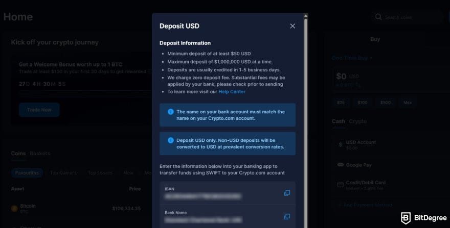 Crypto.com review: the deposit USD details on Crypto.com.