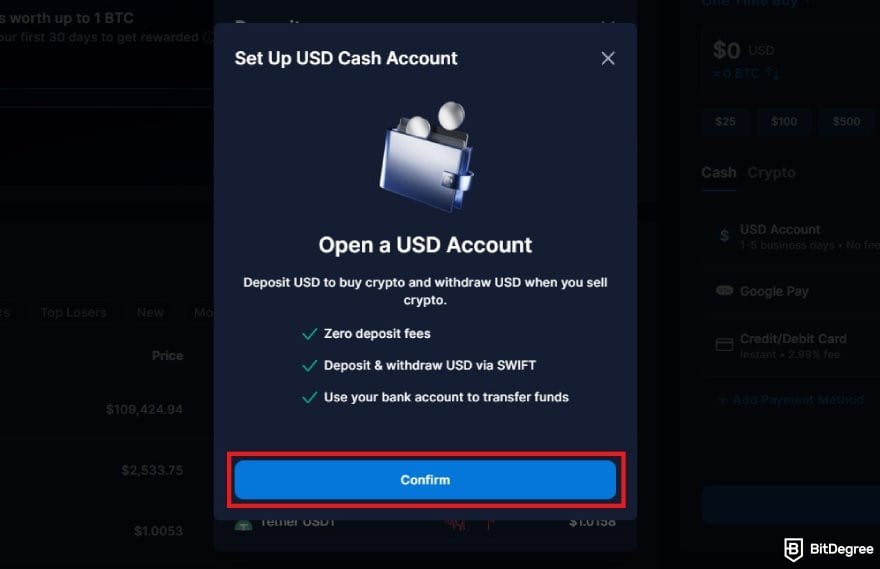 Crypto.com review: a prompt to create a new USD Account on Crypto.com.