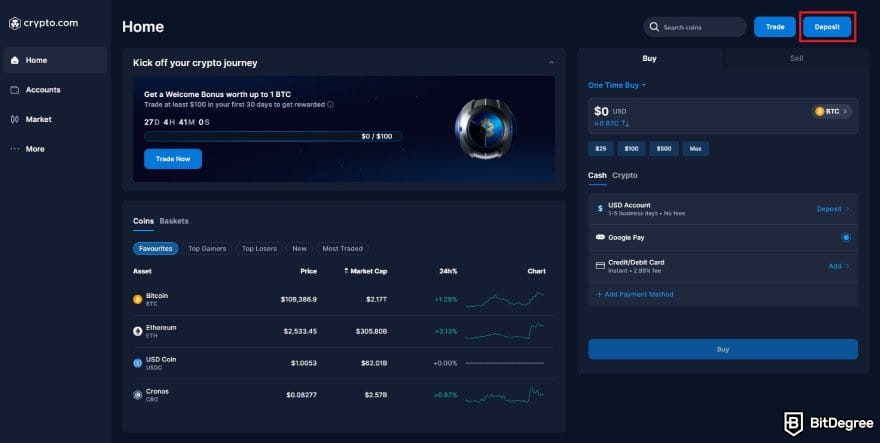 Crypto.com review: Crypto.com user dashboard interface with the Deposit button highlighted.