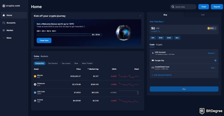 Crypto.com review: Crypto.com user's dashboard interface.
