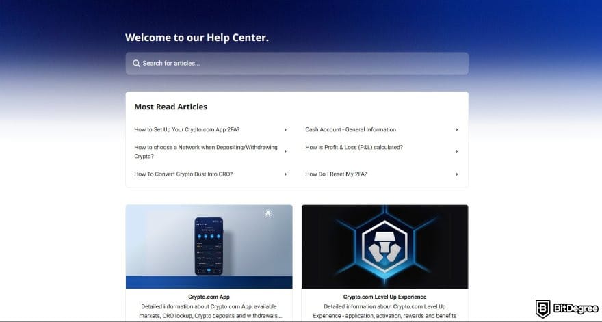 Crypto.com review: the Help Center page on Crypto.com.