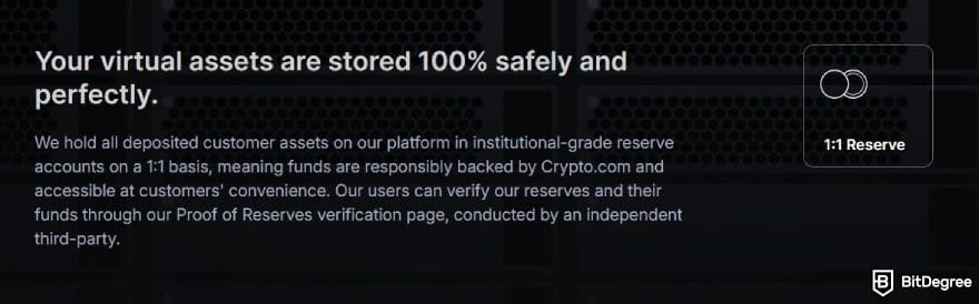 Crypto.com review: statement about holding 100% of customer assets on the reserve account on Crypto.com website.