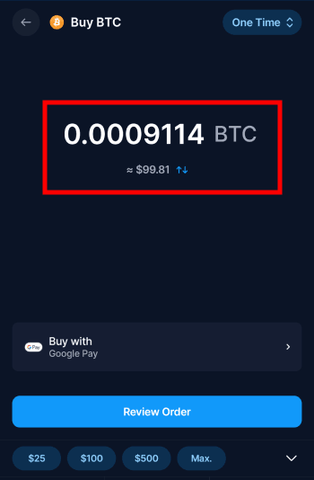 Crypto.com review: the buy order page on Crypto.com mobile app with the amount highlighted.