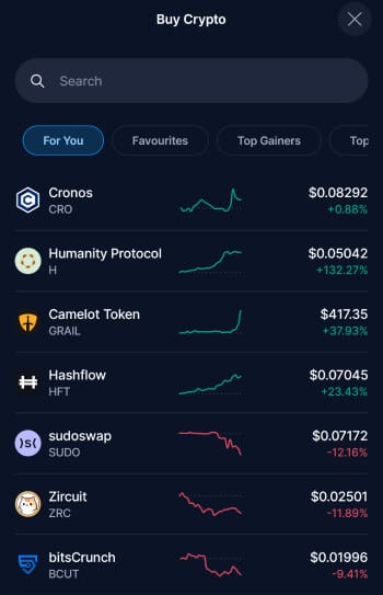 Crypto.com review: the crypto asset options on Crypto.com mobile app.