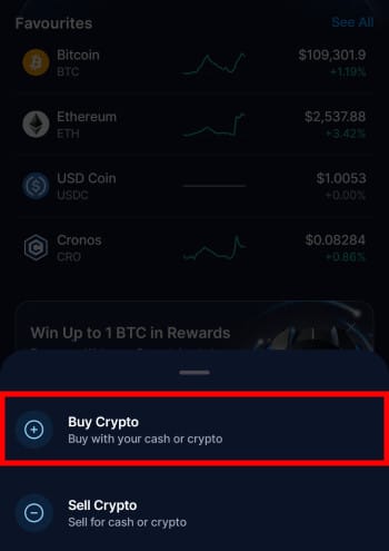 Crypto.com review: Crypto.com app interface with the Buy Crypto button highlighted.