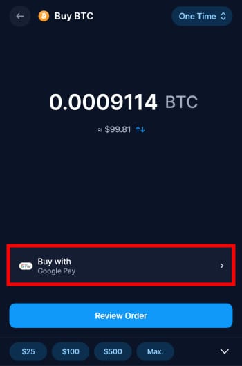 Crypto.com review: the buy order page on Crypto.com mobile app with the payment method option highlighted.