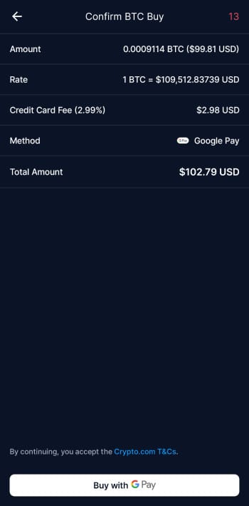 Crypto.com review: the review order page on Crypto.com mobile app.
