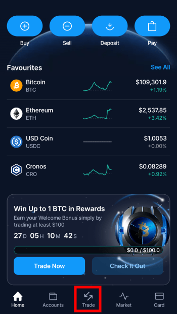 Crypto.com review: Crypto.com app interface with the Trade button highlighted.