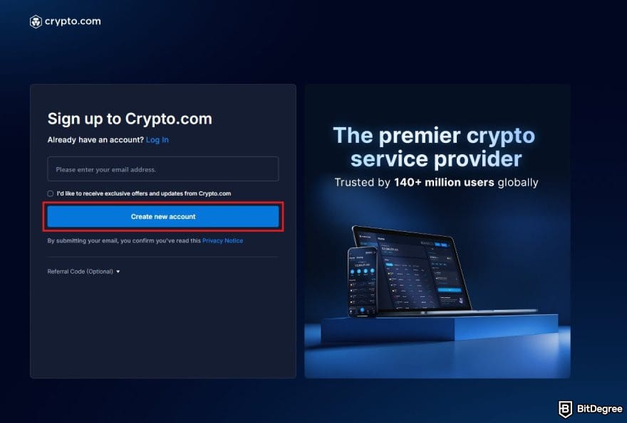 Crypto.com review: the page to enter email address when signing up for Crypto.com.