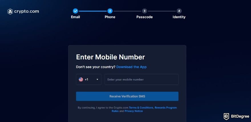 Crypto.com review: a prompt to enter phone number when signing up for Crypto.com.