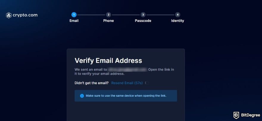 Crypto.com review: a prompt to verify email address when signing up for Crypto.com.