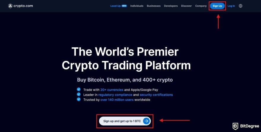 Crypto.com review: Crypto.com homepage with the Sign Up buttons highlighted.