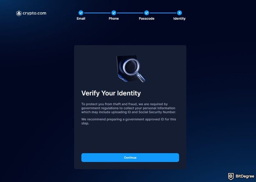 Crypto.com review: a prompt to verify identity when signing up for Crypto.com.