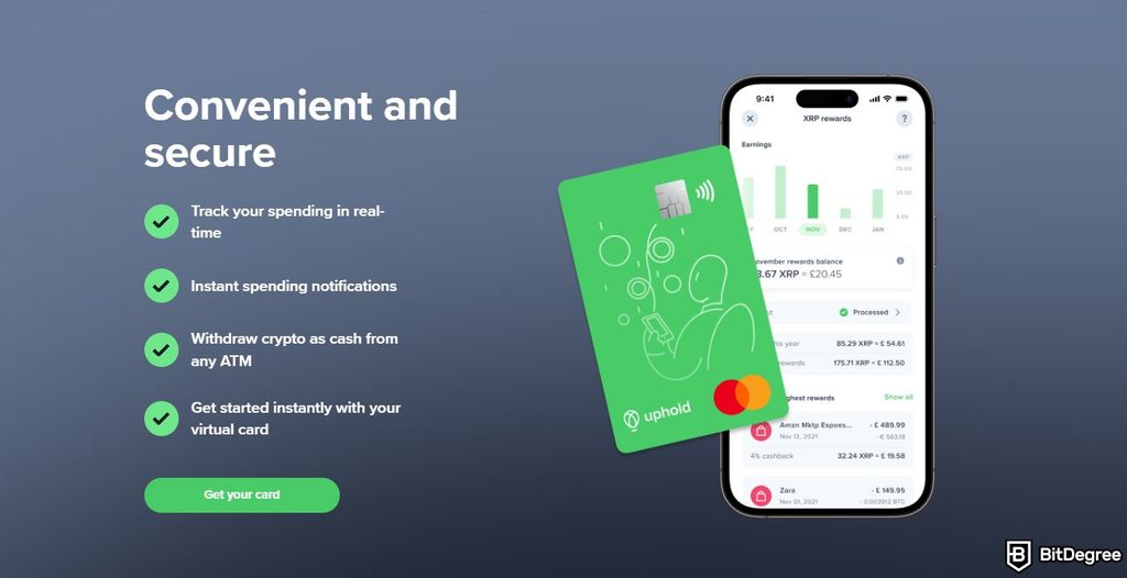Crypto.com card review: the Uphold card page with listed benefits.