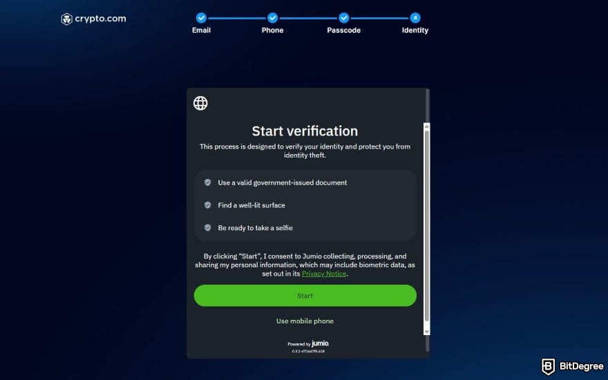Crypto.com review: the page to start ID verification on Crypto.com.
