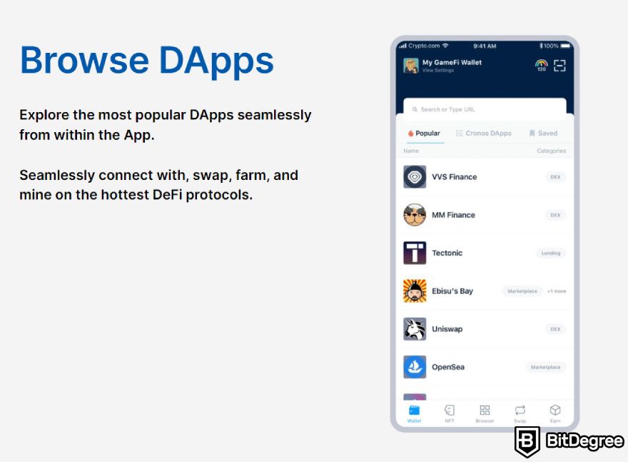 Crypto.com wallet review: dApps features.