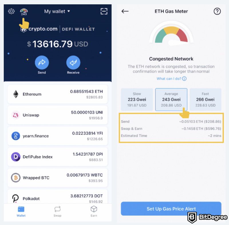 Crypto.com wallet review: ETH gas meter.