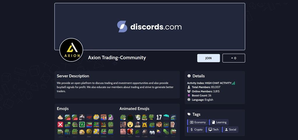 Crypto Discord: bản xem trước của máy chủ Discord của cộng đồng giao dịch Axion trên discords.com.