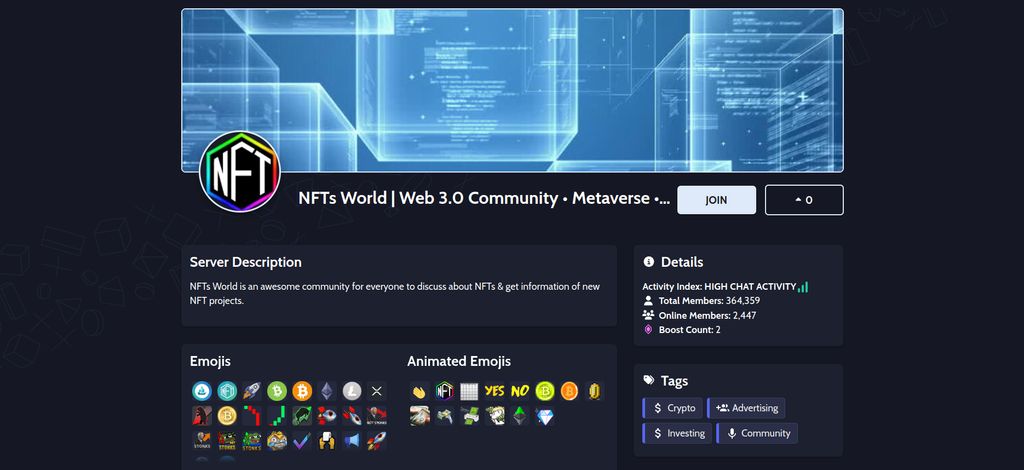 Crypto Discord: bản xem trước của máy chủ NFTs World trên discord.me.