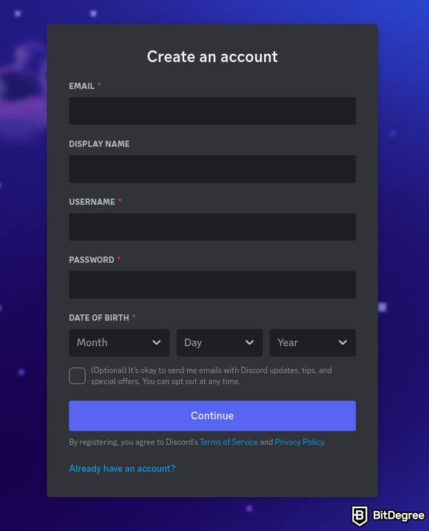 Crypto Discords: a preview of Discord's registration or sign-up form.