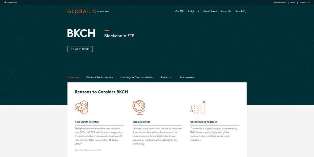 Crypto ETF: a preview of the Global X Blockchain homepage.