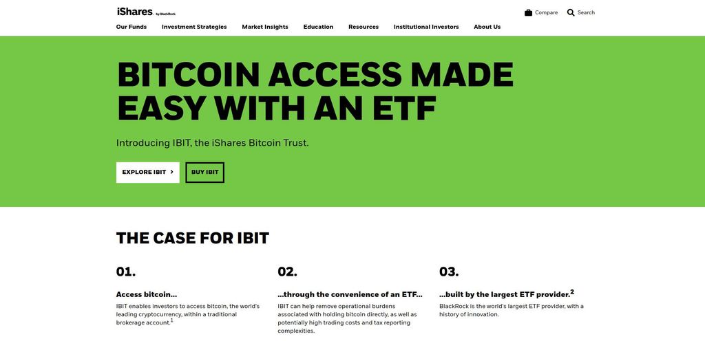 Crypto ETF: a preview of the iShares Bitcoin Trust page.