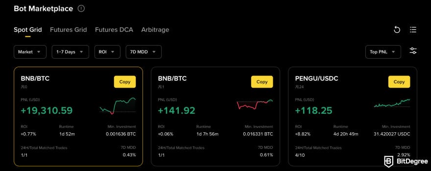 Binance vs Bybit: Binance's bot marketplace.
