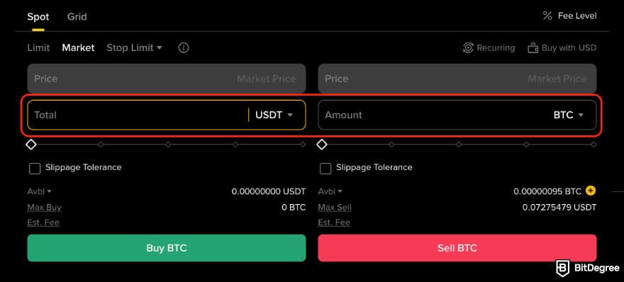 Binance vs Bybit: choosing order amount on Binance.