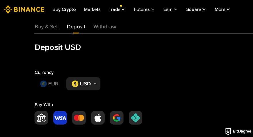 Binance vs Bybit: depositing fiat on Binance.