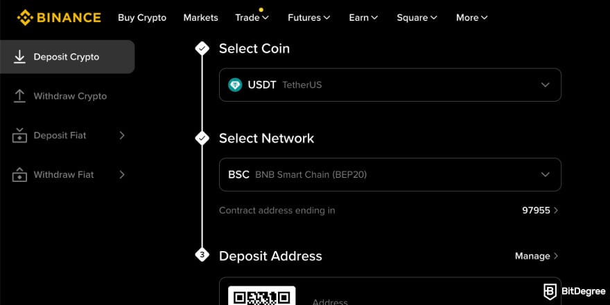 Binance vs Bybit: depositing crypto on Binance.