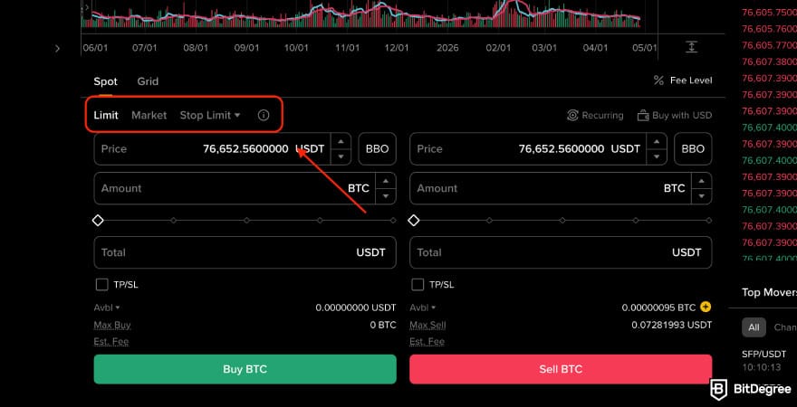 Binance vs Bybit: choose an order type on Binance's spot market.