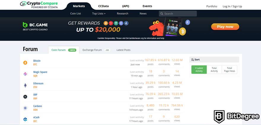 Crypto forums: CryptoCompare's homepage.
